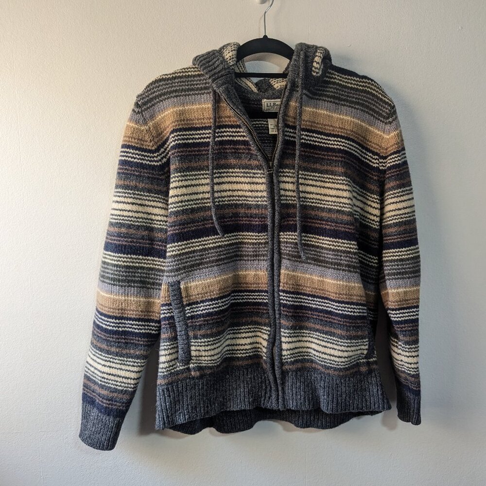 L.L. Bean Striped Lambswool Hooded Zip Sweater Size XL